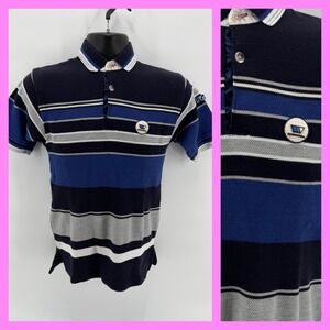 Vintage WACK Mens Polo Shirt Medium M Blue Gray Striped Golf 90s Cotton Retro